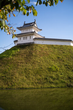 Vertical view of a Japanese castle turret and walls with tree leaves and pond reflection