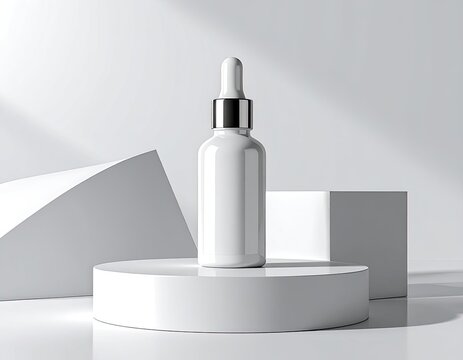 A minimalist white dropper bottle is showcased on a white podium with geometric shapes.