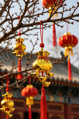 Fototapeta premium Golden money bag ornaments with red tassels hang from bare branches. Red lanterns glow in soft focus background. Lunar New Year decorations symbolize prosperity. Outdoor spring festival celebration.
