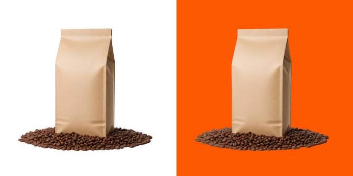 Blank brown coffee bag standing on pile of roasted coffee beans mockup png