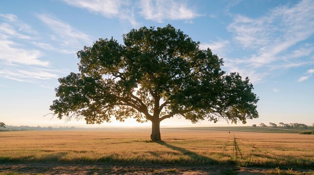 Solitary broadleaf tree with a dense green canopy in a vast pink field, featuring a distant walking figure for wellness and storytelling covers