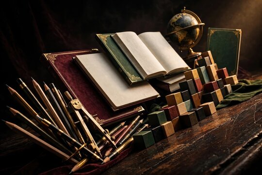 Writing Tools and Globe on Dark Wood Surface for Learning