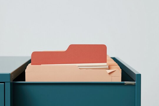 Bronze brown file tab standing out from beige manila folders in a blue cabinet, featuring a dusty matte texture and copy space for wealth management
