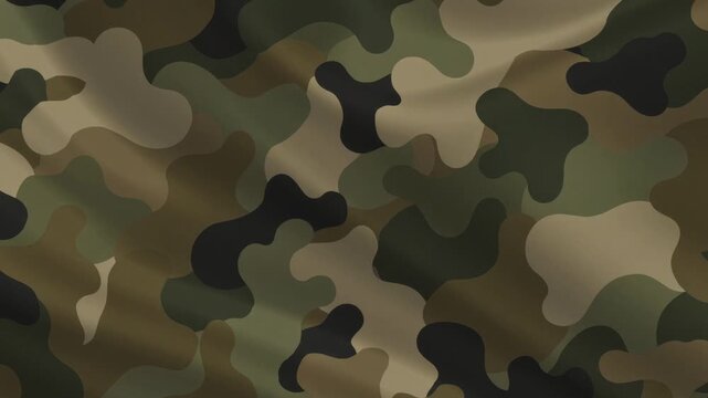 Military Camouflage Pattern Background Animation Abstract Waving Fabric Texture Seamless Loop.