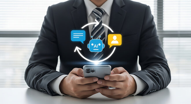 AI chatbot interacting with user via smartphone, business communication technology concept