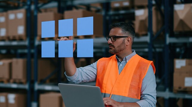 Man in an orange safety vest holding a laptop and interacting with floating blue digital interfaces in a warehouse for logistics software