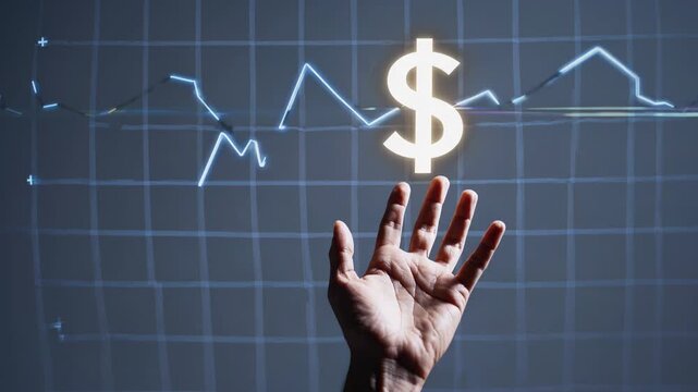 Hand reaching towards glowing dollar sign above fluctuating financial graph on digital screen, illustrating economic trends and market analysis in a modern workspace
