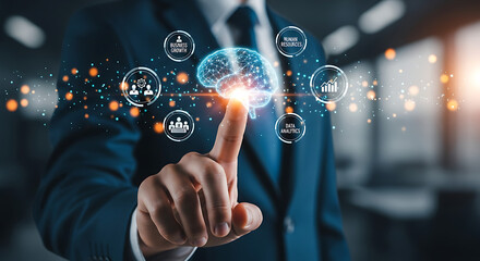 Obraz premium Business professional touching glowing digital brain interface for data analytics and growth