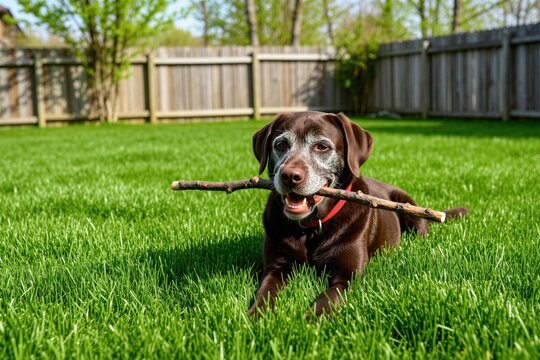 Old brown labrador dog holds wooden stick in mouth lying on green grass lawn in backyard. Happy senior canine pet enjoys spring day outdoors near wooden fence. Loyal domestic animal rests in sunny