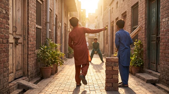 Pakistani boys playing street cricket in traditional Lahori gali alley back view lifestyle