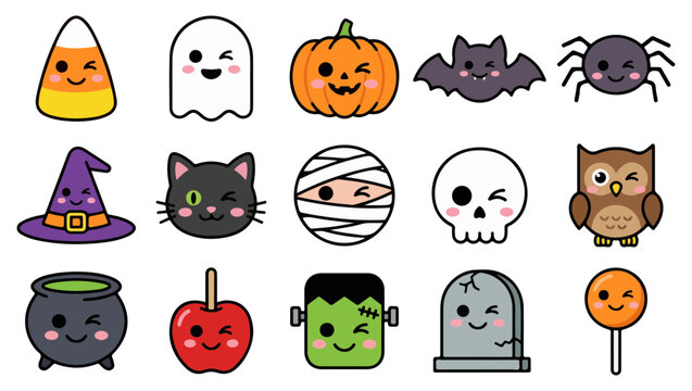 Cute Halloween Icon Set with Ghost, Vampire, Candy Corn and Donut Stickers