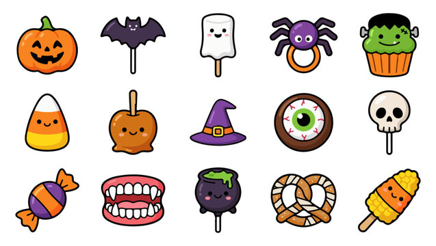 Cute Halloween Icon Set with Ghost, Vampire, Candy Corn and Donut Stickers