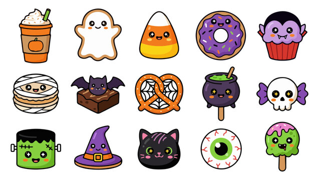 Cute Halloween Icon Set with Ghost, Vampire, Candy Corn and Donut Stickers