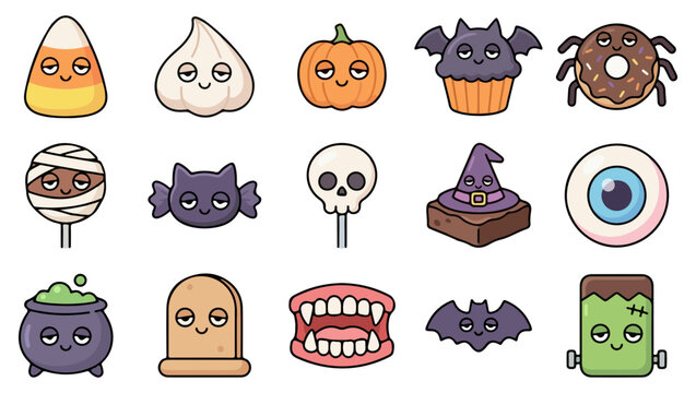 Cute Halloween Icon Set with Ghost, Vampire, Candy Corn and Donut Stickers