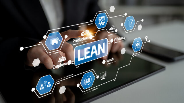 Business professional engages with a tablet displaying lean management principles in a modern office, emphasizing improvement, efficiency, and teamwork in operations. Tessel