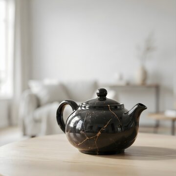 Tetera de cer&aacute;mica negra restaurada con la t&eacute;cnica japonesa Kintsugi con vetas doradas sobre una mesa de madera