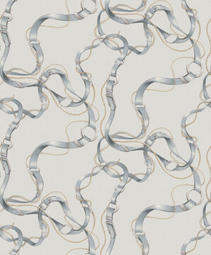 Seamless luxury background with floating light blue belts and golden chains featuring a sophisticated modern ecru pattern