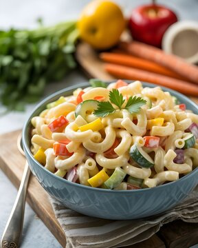 Ensalada de macarrones cremosa con verduras frescas en un bol azul sobre tabla de madera
