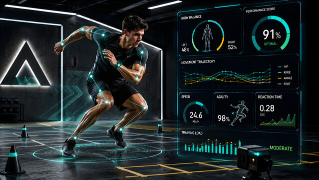 Athletic man training with digital motion sensors and performance analytics data screen in a futuristic dark gym with neon lights for professional sports tracking analysis