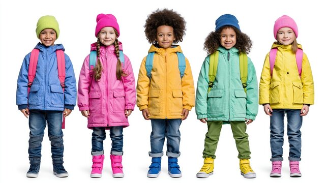 Five happy children wearing colorful winter coats and backpacks stand in a row.