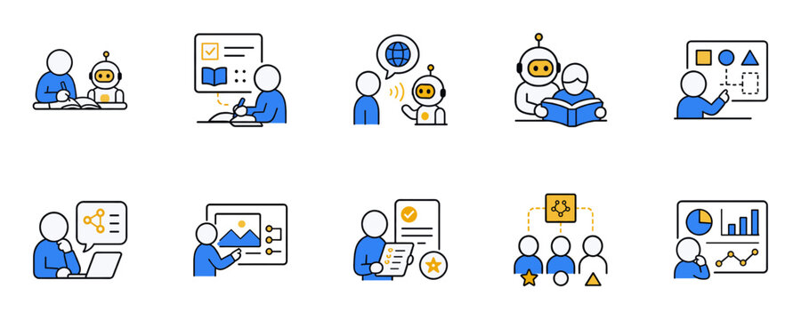 AI tutoring personalized learning and assessment icons collection