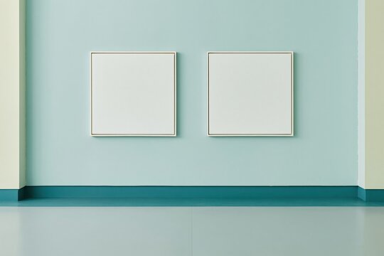 Two blank rectangular canvases hanging on a soft lavender wall in a quiet gallery room, featuring a polished floor for art mockup and copy space