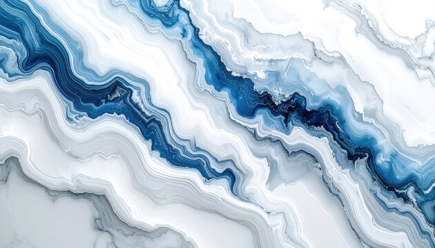 Abstract blue and white marble texture with flowing lines.