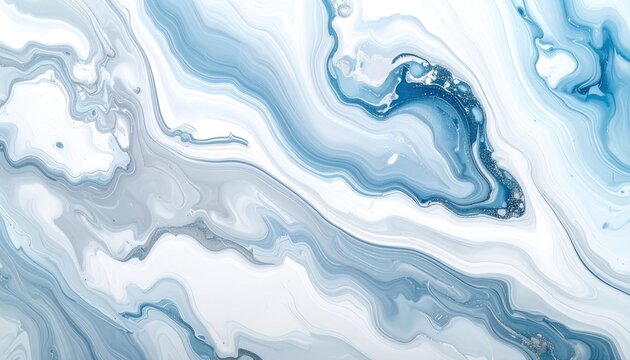 Abstract fluid art with swirling blue and white patterns resembling marble or agate.
