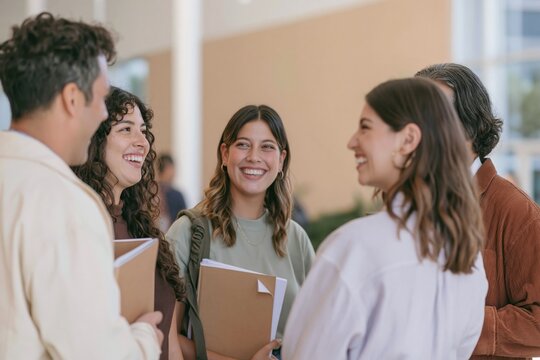 Group of university students and a teacher talking in a campus common area, natural and friendly for college life marketing and outreach