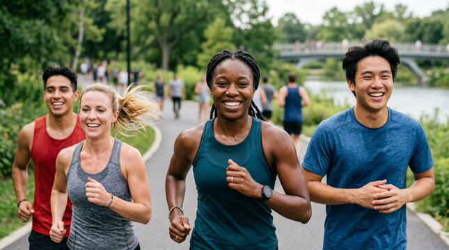 Diverse friends jogging happily in a park, enjoying a healthy outdoor lifestyle.