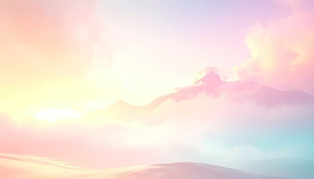 Dreamlike mountain landscape with pastel sky and clouds.