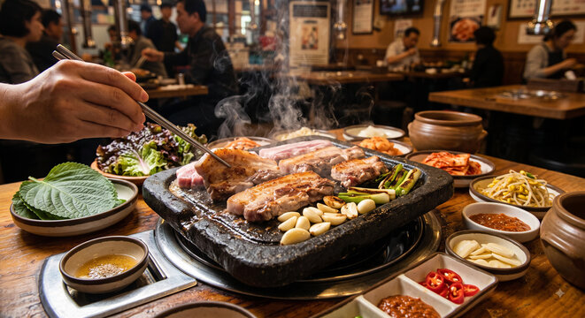 Sizzling Jeju Black Pork Belly Grilled on Hot Stone Plate with Korean Side Dishes