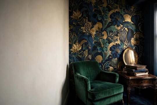 Luxurious Green Velvet Armchair Against Ornate Wallpaper