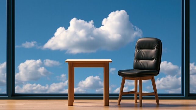 Surreal minimalist interior with small light wooden table and black leather chair placed in front of large window showing fluffy white clouds in bright blue sky outside