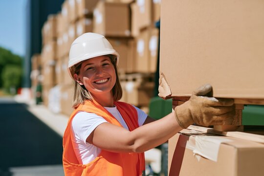 Female warehouse worker in a safety vest and hard hat lifting a cardboard box onto a pallet, featuring raw textures for logistics and e-commerce