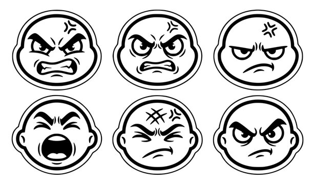 Black and White Cartoon Emoji Sticker Set Featuring Angry Furious Screaming and Annoyed Face Expressions for Negative Feedback App Interface Design Elements and Social Media Avatars