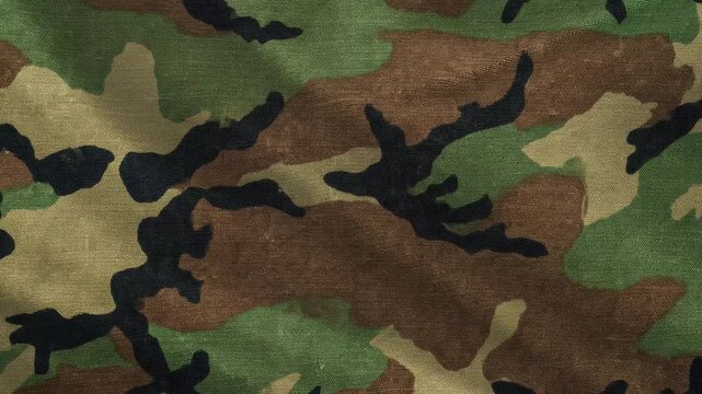 Military Woodland Camouflage Pattern Fabric Texture Close Up.