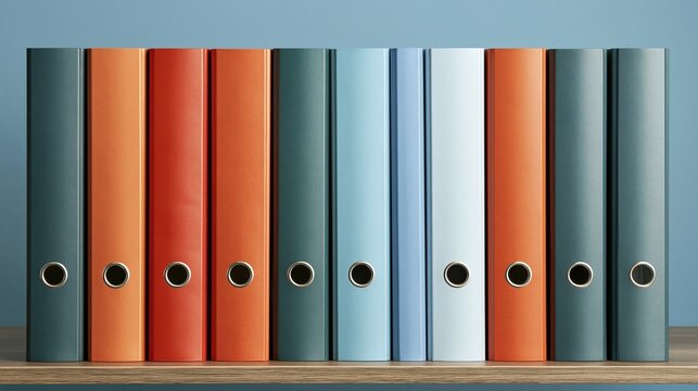 Neat straight row of mixed warm tone and blue office ring binders neatly arranged on wooden shelf against muted light blue wall showing organized office document storage
