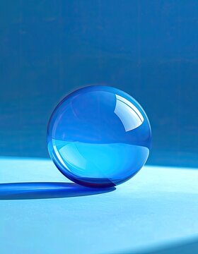 A translucent blue sphere casting a shadow on a blue surface.