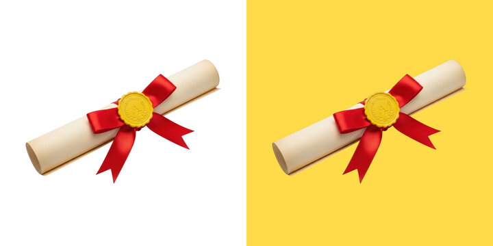 Rolled graduation diploma scroll with red ribbon and gold seal transparent png