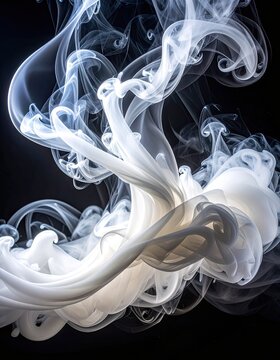 Ethereal white smoke swirls against a stark black background, creating a dynamic and flowing abstract composition.