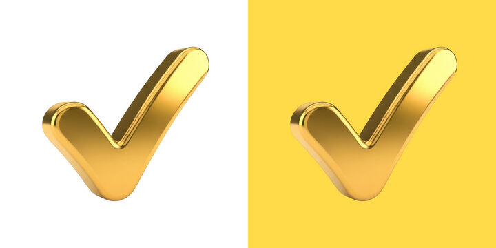 Shiny 3D gold check mark icon on split yellow and transparent png