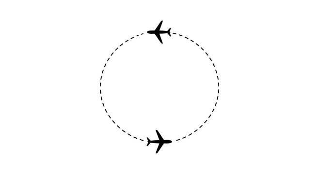 Two airplanes in flight depicted by simple silhouette icons tracing a circular path with dashed lines to signify journey travel routes or global aviation connectivity for transportation themes