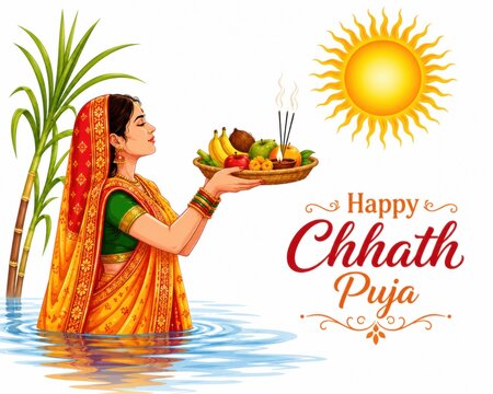 Indian woman offering prayers to the sun god during chhath puja festival