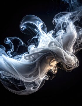 Swirling white smoke against a black background creates an ethereal and dynamic composition.