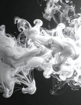 Abstract swirling white smoke or ink patterns against a dark background.