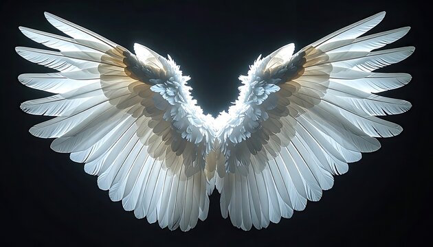 Close-up shot of a pair of large, luminous white wings against a black background.