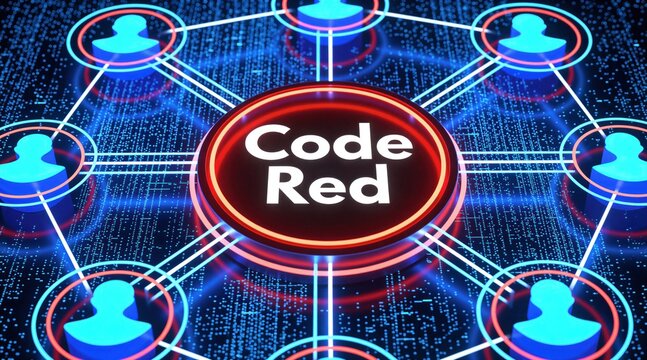 Digital network shows Code Red alert connecting user profiles. Emergency notification flashes, emergency systems activate, urgent crisis communication initiated, danger signal.