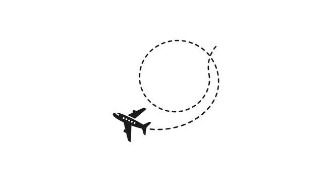 Commercial aircraft in flight forming a circular path with dashed lines indicating movement and direction for travel industry concepts and journey planning represented by a stylized airplane