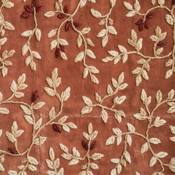 Red velvet fabric with embroidered vine patterns, featuring a tactile handmade texture for Jewish holiday packaging and festive cover design